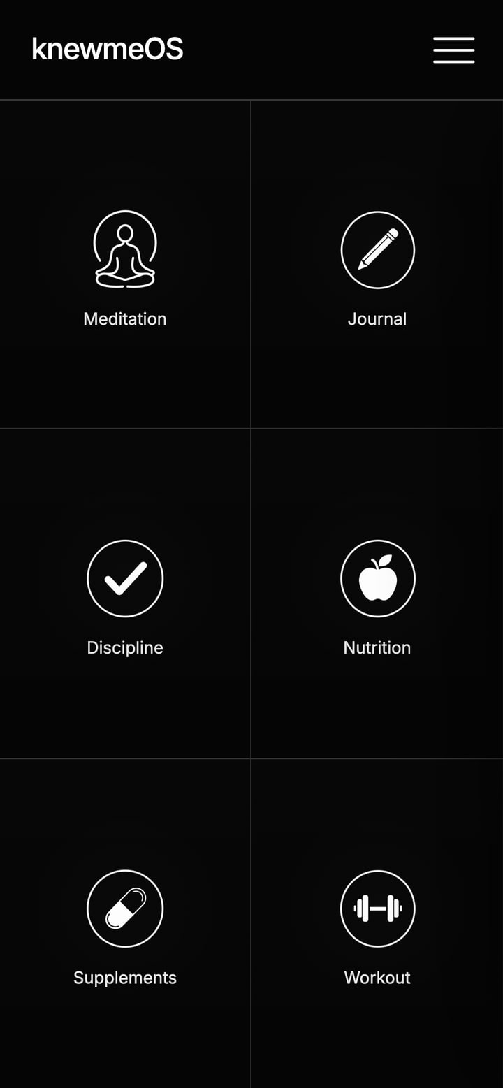 knewmeOS dashboard with tiles for meditation, journal, discipline, nutrition, supplements, and workout